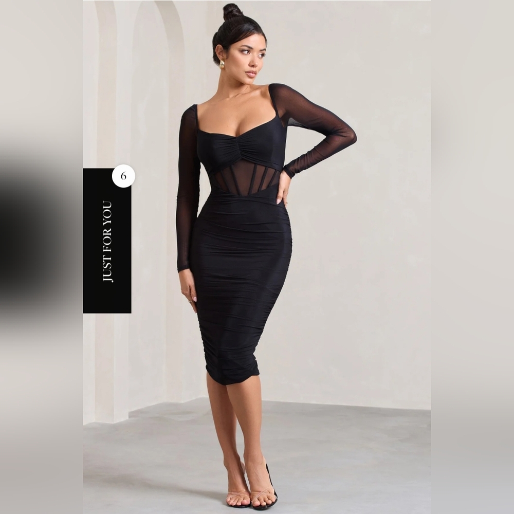 Club London Abiba Black Ruched Front Corset Midi Dress With Long Sleeves Size 4